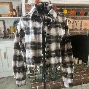 SHEIN Cropped Plaid Shacket – Brown Black & Cream Check – Size S